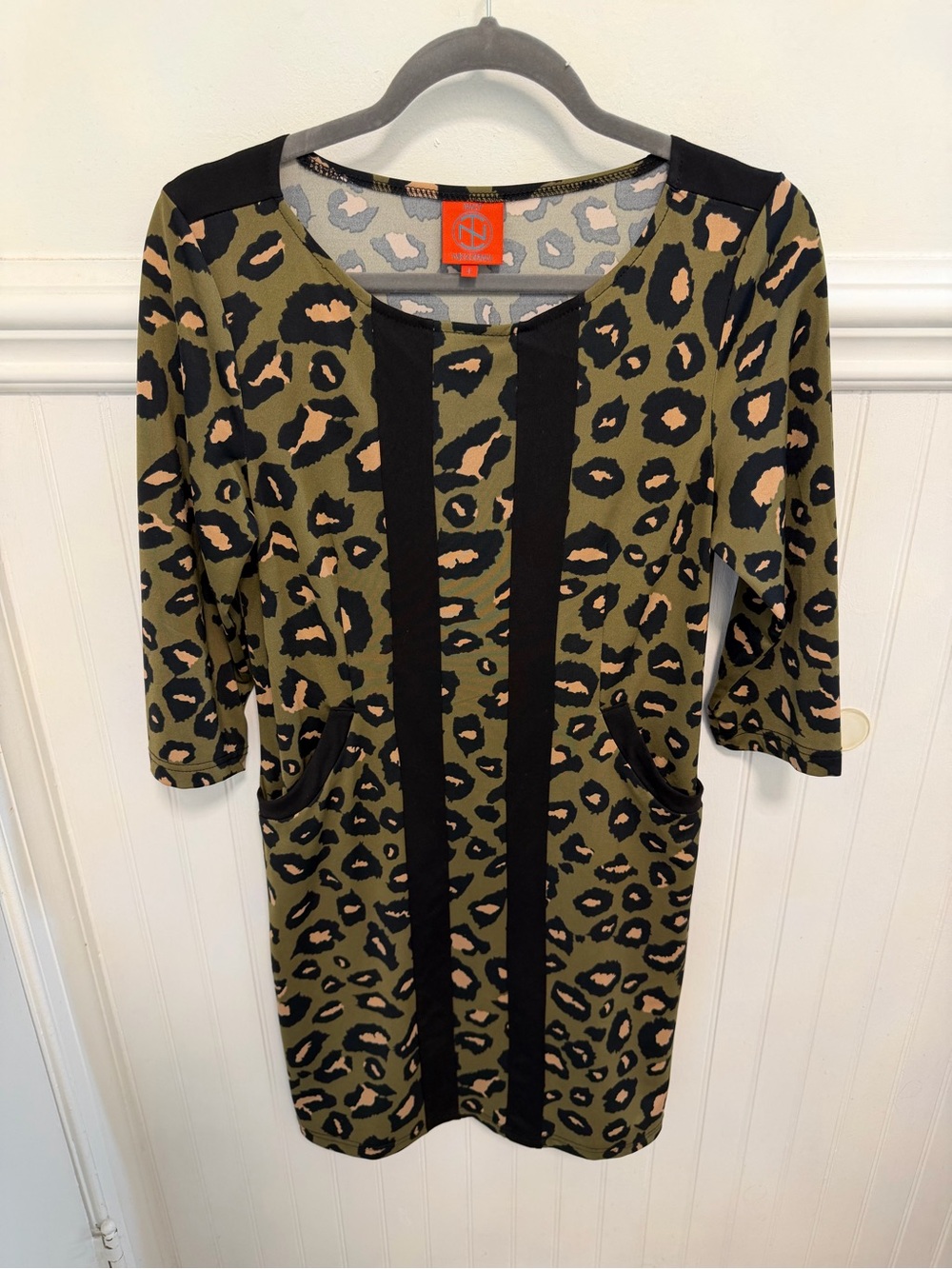 Tracy Negoshian Olive and Black Leopard Print Three Quarter Length Sleeve Dress